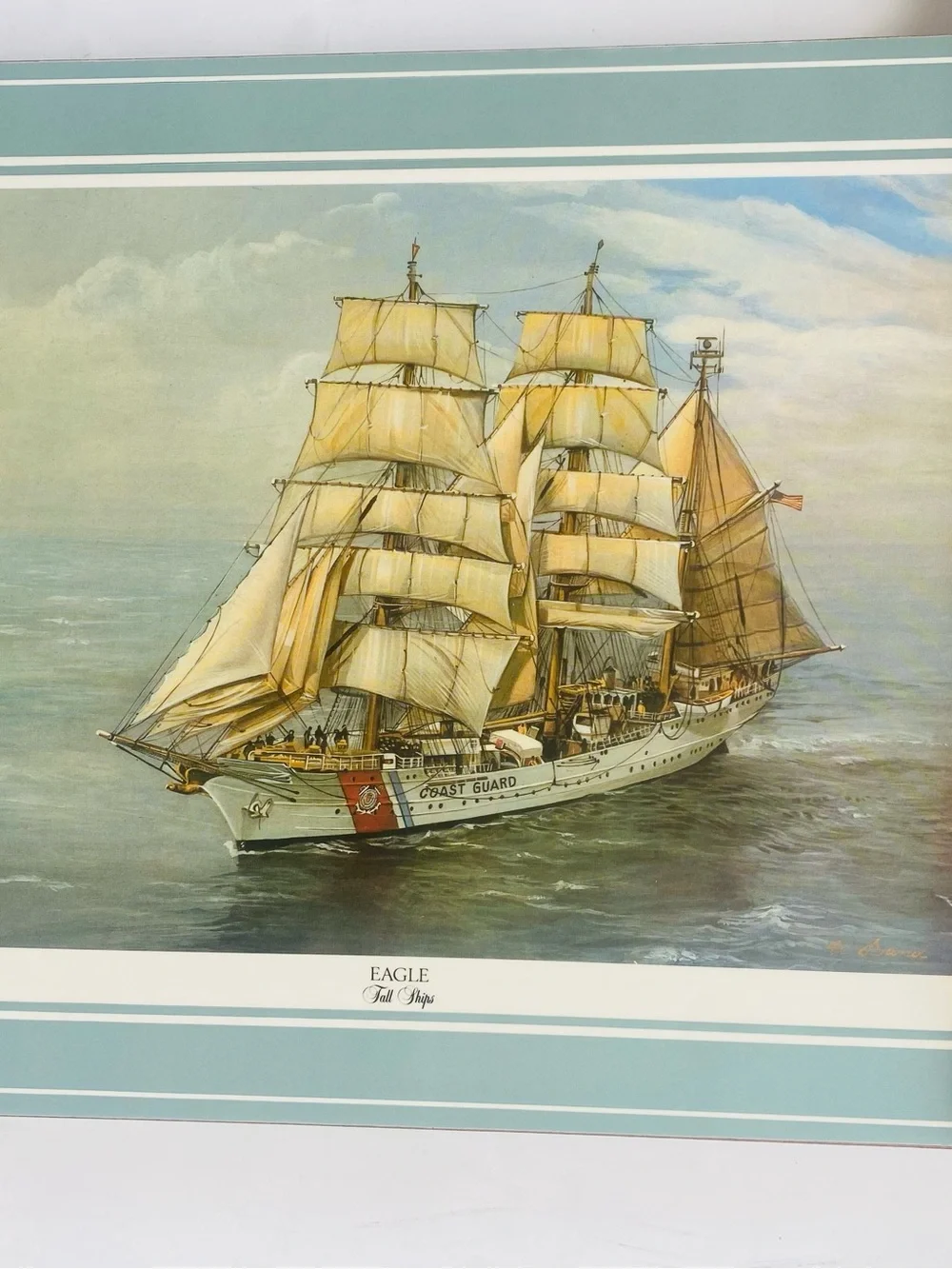 Set Of 4 Vintage Pimpernel Tall Ships Print Placemat - Teal Border 8”x10”